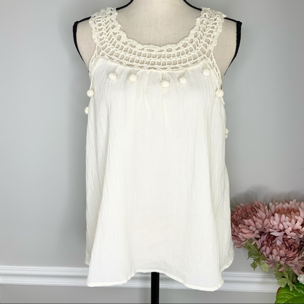 LAJU Cream Knit Chiffon PomPom Tank Top